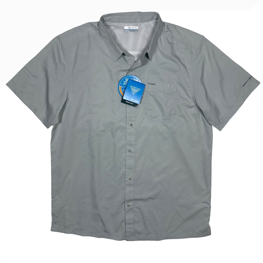 NWT Columbia PFG Bahama II Short Sleeve Fishing Shirt Gray Large Omni-Shade/Wick